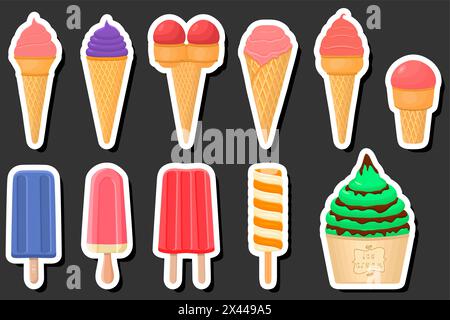 Illustration zum Thema Big Kit Eis Eis Eis Eis Eis verschiedene Arten in Kegel Waffelbecher, Eis bestehend aus leckeren Eis auf Kegel Waffelbecher, Popsic Stock Vektor