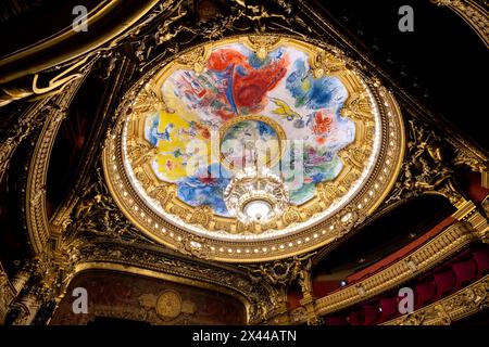 Wunderschönes Deckengemälde von Marc Chagal, Kuppel im Auditorium der Opéra Garnier. Das Gebäude der Pariser Oper wurde vom Architekten Charles Garnier, Paris, entworfen Stockfoto
