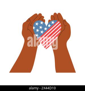 Handgezeichnete Illustration dunkler Hauthände, die ein Herz mit Amercianer-Flagge halten. Vektordesign für den 4. Juli. Stock Vektor
