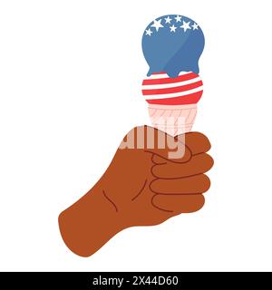 Handgezeichnete Illustration einer Hand mit dunkler Haut, die ein Eis mit Amercianer-Flagge hält. Vektordesign für den 4. Juli. Stock Vektor