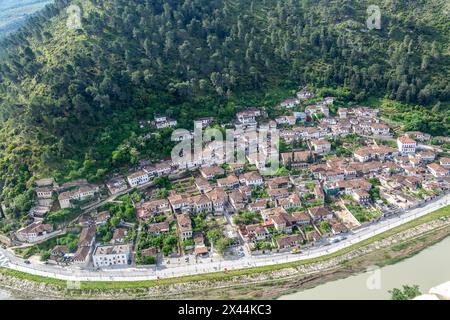 Traditionelle osmanische Gebäude im Viertel Gorica neben dem Fluss Osumi, Berat, Albanien Stockfoto