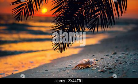 Blick auf einen Strand mit Muscheln und Palmen auf dem Sand bei Sonnenuntergang, selektiver Fokus. Konzept von Sandstrand Urlaub, Hintergrund mit Kopierraum für Stockfoto