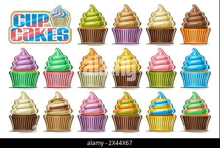 Vector Cupcake Set, große Sammlung von ausgeschnittenen Illustrationen verschiedene Cupcakes in Papierverpackung mit gemischter verdrehter Creme, Gruppe von bunten ungesunden Stock Vektor