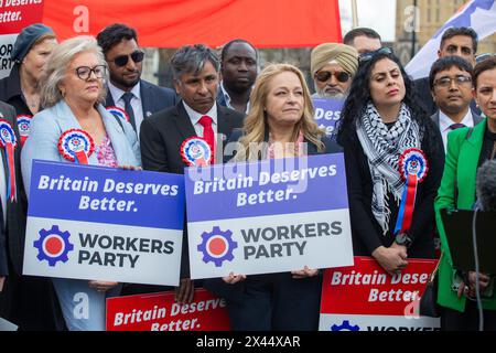 London, Großbritannien. 30. April 2024 die George Galloway MP Workers Party Kundgebung auf dem Parliament Square war mit Dutzenden Kandidaten für George Galloways Partei bei den Parlamentswahlen. Credit: Richard Lincoln/Alamy Live News Stockfoto