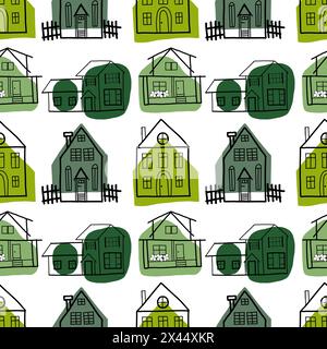 Nahtloses Vektormuster. Wohngebäude, handgezeichnet auf einem Tablet in Schwarz und Grün. Private Häuser mit Fenstern, Blumenbeeten, Zäunen. Stock Vektor