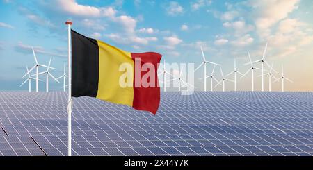 Offizielle Flagge Deutschlands vor einer großen Anzahl von Solarpaneelen und Windturbinen Stockfoto