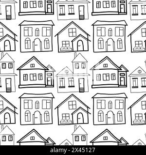 Nahtloses Vektormuster. Von Hand gezeichnete Wohngebäude auf einem schwarzen Tablett. Private Häuser mit großen Fenstern, Blumenbeeten, Zäunen. Stock Vektor