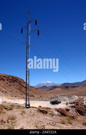 Strompylon und Parkplatz neben Ruta/Highway 11 bei Copaquilla, schneebedeckter Nevados de Putre/Taapaca Vulkan in der Ferne, Chile Stockfoto