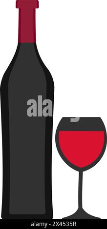Flacher Cartoon köstliche französische Flasche Rotwein und Weinglas Ikone Stock Vektor