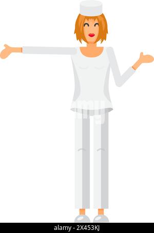 Die Krankenschwester in Uniform zeigt die Bewegungsrichtung mit der Hand an. Freundlicher Arzt, medizinisch gestrichenes Cartoon-Element für modernes und Retro-Design. Einfache Farbe Stock Vektor