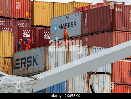 Dundalk, Vereinigte Staaten von Amerika. April 2024. Bergungsunternehmen bewerten beschädigte Container an Bord des Frachtschiffs MV Dali, der in den Stahlträgern der eingestürzten Francis Scott Key Bridge, die den Kanal Fort McHenry blockiert, am 6. April 2024 in der Nähe von Dundalk, Maryland, eingehüllt ist. Die Brücke wurde am 26. März von einem 984-Fuß-Containerschiff getroffen und stürzte zusammen, wobei sechs Arbeiter ums Leben kamen. Quelle: Dylan Burnell/US Army Corps/Alamy Live News Stockfoto