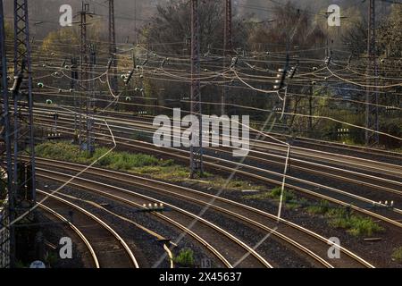 Eisenbahnsystem, Gleise, Eisenbahnstrecke westlich des Essener Hauptbahnhofs, NRW, Deutschland, Stockfoto
