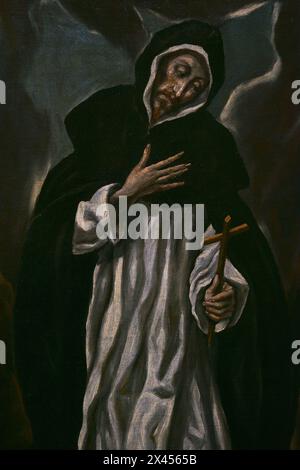 St. Dominic von Guzman (1170-1221). Spanischer Ordensleute, Gründer des Ordens der Mönchsprediger (Dominikaner). Porträt von El Greco Workshop, basierend auf einem Kupferstich von Diego de Astor aus dem Jahr 1606. Öl auf Leinwand, 17. Jahrhundert. Details. Museum von Santa Cruz. Toledo. Spanien. (Leihgabe, Pariser Kirche San Nicolás de Bari, Toledo). Autor: El Greco Workshop. 17. Jahrhundert. Stockfoto