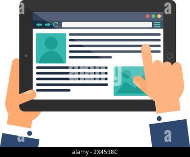 Die Benutzerhand gibt Daten auf der Website des Bewerbungsformulars auf einem tragbaren Laptop ein. Das Webseitenmenü Mitarbeiterdaten auf dem Bildschirm des digitalen Gadgets. Einfacher Flachvekt Stock Vektor