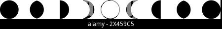 Mondphasen und Mondzyklen. Wachs und abnehmende Form. Mondsichelzeichen und Änderungen im Kalender. Gestaltungselemente in Astrologie und Raum. Stock Vektor