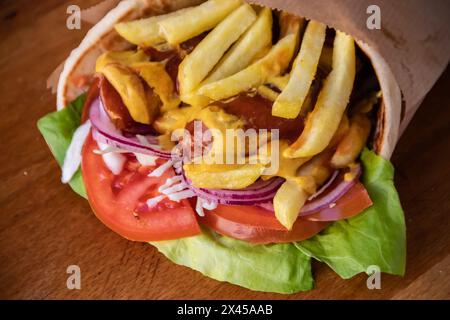 Aromatisches Tortilla-Wrap mit herzhaften Würstchen, Pommes frites, grünem Salat, Tomaten, Zwiebeln, und Kohl, alles verpackt für unterwegs Stockfoto