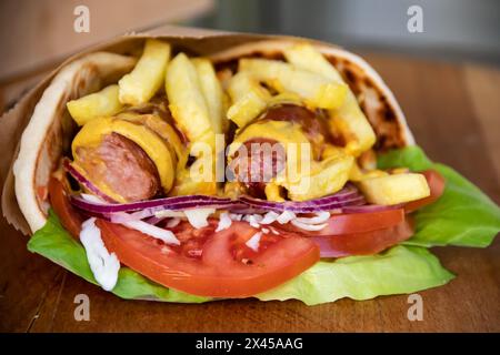 Aromatisches Tortilla-Wrap mit herzhaften Würstchen, Pommes frites, grünem Salat, Tomaten, Zwiebeln, und Kohl, alles verpackt für unterwegs Stockfoto