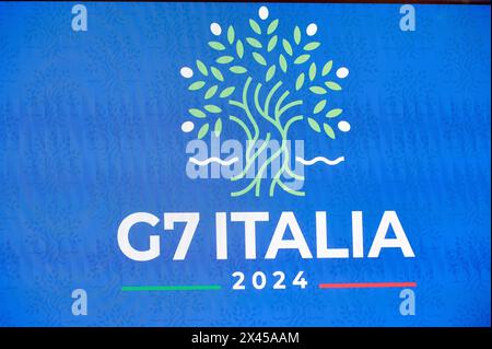Italien, Rom, 30. April 2024: Pressekonferenz am Ende des Ministerrates, auf dem Foto das G7-Logo Foto © Stefano Carofei/Sintesi/Alamy Live News Stockfoto