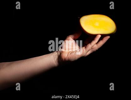 Geschnittene Mango in der Hand auf schwarzem Hintergrund Stockfoto