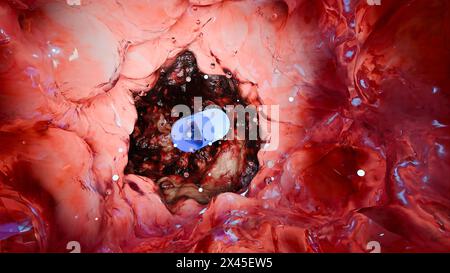 Probiotika im Darmtrakt. Endoskopie durch den Darm. Mikrobiota, Pille Kapsel mit Vitaminen für Verdauung, Magenschmerzen Behandlung, rot Stockfoto