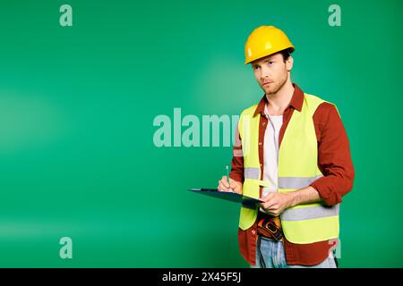 Gutaussehender Mann im Schutzhelm, der bei der Inspektion der Baustelle eine Klemmplatte hält. Stockfoto