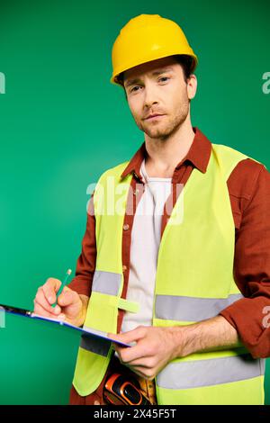 Ein Mann in einer gelben Sicherheitsweste, der auf ein Klemmbrett schreibt. Stockfoto