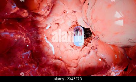 Probiotika im Darmtrakt. Endoskopie durch den Darm. Mikrobiota, Pille Kapsel mit Vitaminen für Verdauung, Magenschmerzen Behandlung, rot Stockfoto