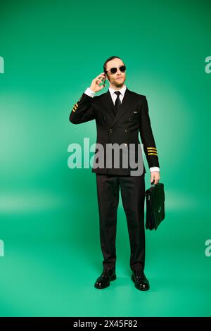 Schöner Pilot in schwarzem Anzug und Sonnenbrille, der ein Telefongespräch führt. Stockfoto