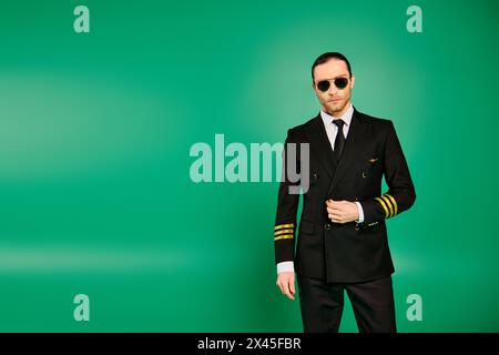 Ein hübscher männlicher Pilot in schwarzem Anzug und Sonnenbrille posiert selbstbewusst vor grünem Hintergrund. Stockfoto