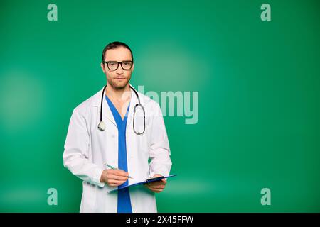 Ein gutaussehender männlicher Arzt in einem weißen Mantel mit Klemmbrett auf grünem Hintergrund. Stockfoto