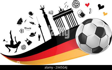 Deutschland-Flagge mit Fußball und Symbolen von deutschland. Vektorabbildung Stock Vektor