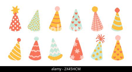 Geburtstagsfeier Mütze Set. Vektor-Illustration Set von niedlichen Doodle farbigen Partyhüten für Grußkarte, Aufkleber, Design Stock Vektor
