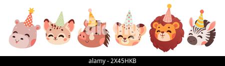 Happy birthday concept animal vector set. Collection of adorable wildlife. Birthday party funny animal character Stock Vektor