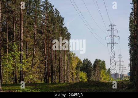 Stromleitung, die die Stadt mit Elektrizität versorgt die vom Wald geführte Stromleitung versorgt die Stadt mit Strom Stockfoto