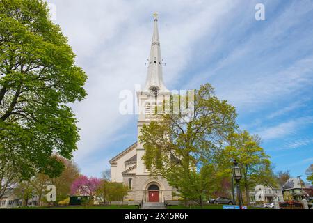 First Congregational Church in der 21 Church Street im historischen Stadtzentrum von Winchester, Middlesex County, Massachusetts MA, USA. Stockfoto