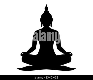 Schwarze Silhouette des Buddha in Lotusposition isoliert auf weißem Hintergrund. Grafische Abbildung. Symbol der buddhistischen Meditation. Das Konzept der Zen-Praxis, Reli Stock Vektor