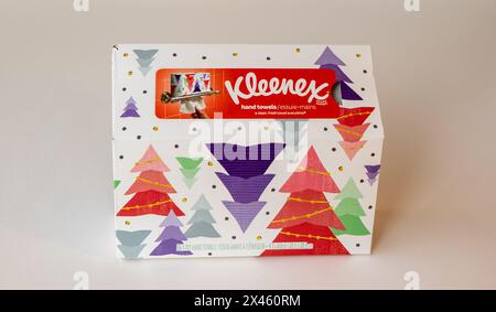 BEMIDJI, MN - 17 NOV 2020: Schachtel Kleenex Papier Einweg-Handtücher mit Weihnachtsbäumen.. Kleenex ist ein amerikanisches Unternehmen für Tissue- und Papierprodukte Stockfoto
