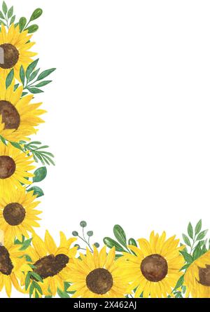 Sonnenblumen, Blätter, Zweige vertikal, horizontaler Rahmen, Aquarellillustration Grußkarte, Hochzeitseinladungsvorlage Konzept für besondere Gelegenheiten Stockfoto