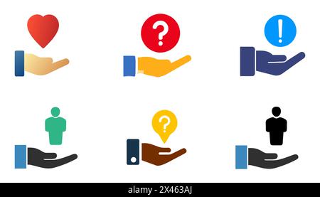 Halten Sie das Fragezeichen-Symbol an der Hand, faq-Unterstützung, Rätsel- oder Unsicherheitsblase, Fragen, häufig Ratschläge zu Informationen, dünnes Strichsymbol auf weißem Hintergrund Stock Vektor