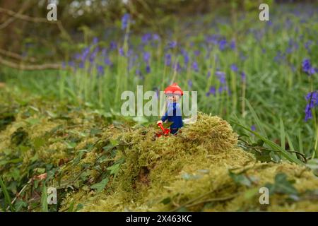 Playmobil-Mann genießt den wilden Knoblauch, der in einem Dorset-Wald wächst Stockfoto