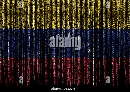 Flagge Venezuelas auf einem Computer Binärcodes fallen von oben und verschwinden. Stockfoto