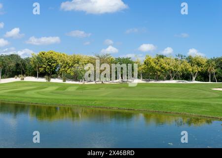 Überblick über einen Golfplatz mit reflektierendem Teich, lebhaftem Grün, Fairways und tropischen Bäumen an einem sonnigen Tag in Mexiko. Ideal für Hintergründe mit Kopie Stockfoto