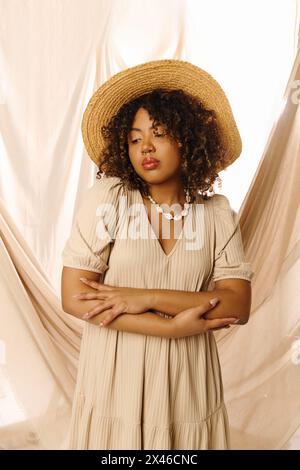 Eine schöne junge afroamerikanische Frau mit lockigen Haaren, in einem Sommeroutfit gekleidet, die in einem Studio-Setting posiert. Stockfoto