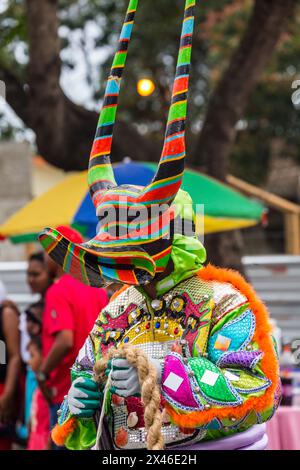 Eine Lechone-Kostüm von Santiago mit einer Ente bill Maske und Hörner in La Vega Karnevalsumzug.   Die erste dokumentierte Karneval in was ist Stockfoto