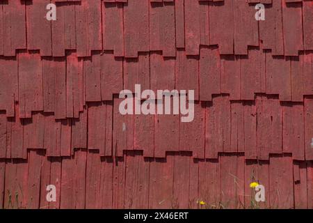 Architektonische Details der typischen Holzschindelverkleidung an Häusern in Ancud, Chiloe, Chile. Die Holzschindeln sind widerstandsfähiger gegen nasses, regnerisches Wetter Stockfoto