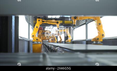 Automatisiertes Repository mit Roboterarmen zur Platzierung von gefertigten Waren auf Förderbändern, 3D-Rendering. Montagelinien und Schwermaschinenanlagen im High-Tech-Vertriebszentrum Stockfoto