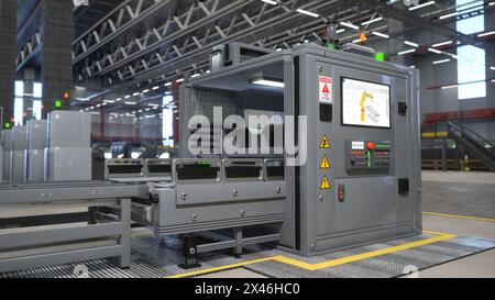 Maschine mit Bedienfeld, mit der Roboterarme Befehle erteilen, um hergestellte Produkte auf Förderbändern zu platzieren, 3D-Rendering. Maschineneinheit, die Montagelinien im leeren Logistiklager steuert Stockfoto