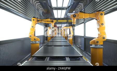 Vielbeschäftigte Fabrik mit Roboterarmen, die zum Ablegen von Fertigteilen auf Förderbändern verwendet werden, 3D-Rendering. Montagelinien und schwere Maschinen in einem modernen High-Tech-Fertigungslager Stockfoto