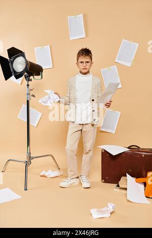 Ein niedlicher Junge, der als Filmregisseur verkleidet ist, steht selbstbewusst vor der Kamera vor einem beigefarbenen Hintergrund. Stockfoto