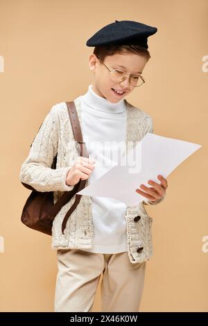 Junge mit Brille und Hut, Papier in der Hand, als Filmregisseur gekleidet. Stockfoto